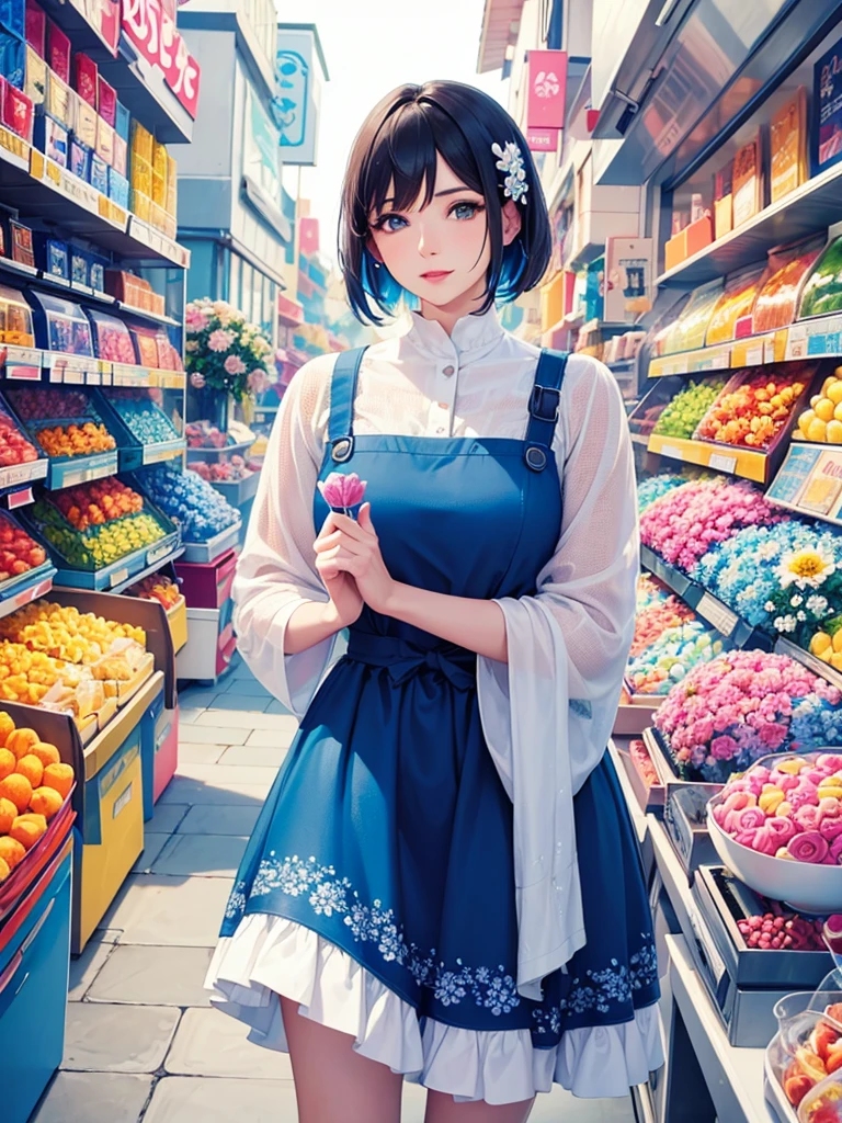 A woman,Mature,cute,pretty,white,blue,Colorful,candy,flower,shop