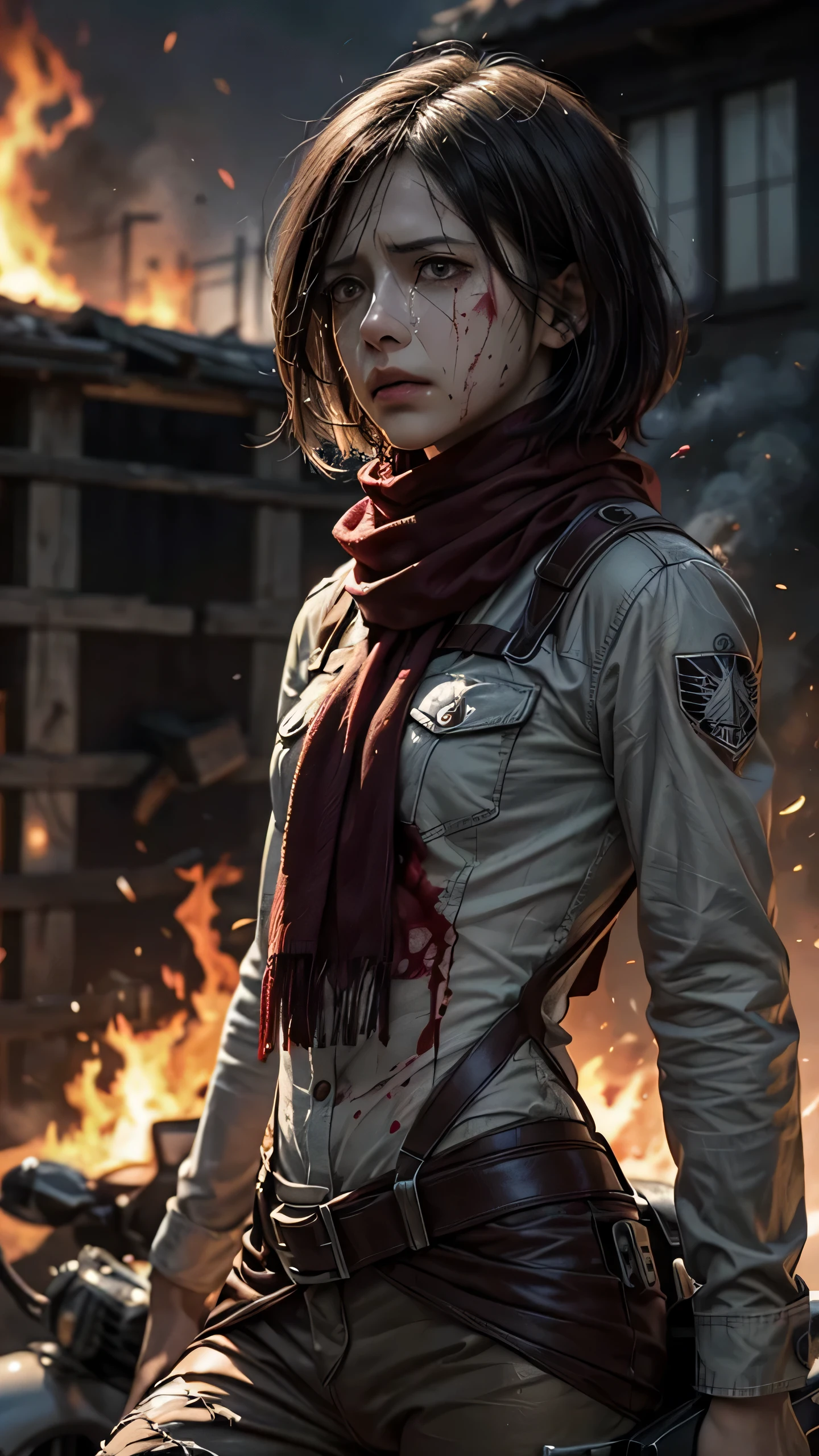 (masterpiece), (hyper realistic), Attack on Titan, half body shot, Mikasa Ackerman, Crying, sadness, Tears, A maroon scarf around his neck, blood stains on his face and clothes, dinamic lighting, dramatic fire background