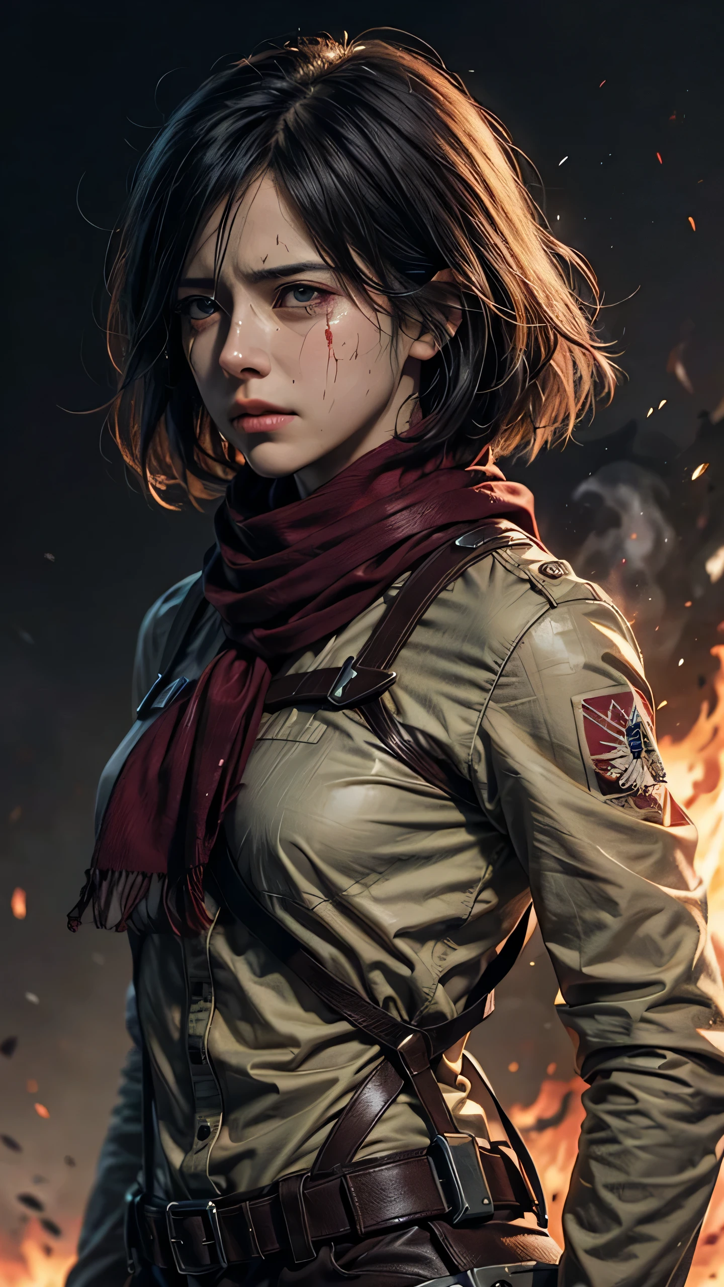(masterpiece), (hyper realistic), Attack on Titan, half body shot, Mikasa Ackerman, Crying, sadness, Tears, A maroon scarf around his neck, blood stains on his face and clothes, dinamic lighting, dramatic fire background