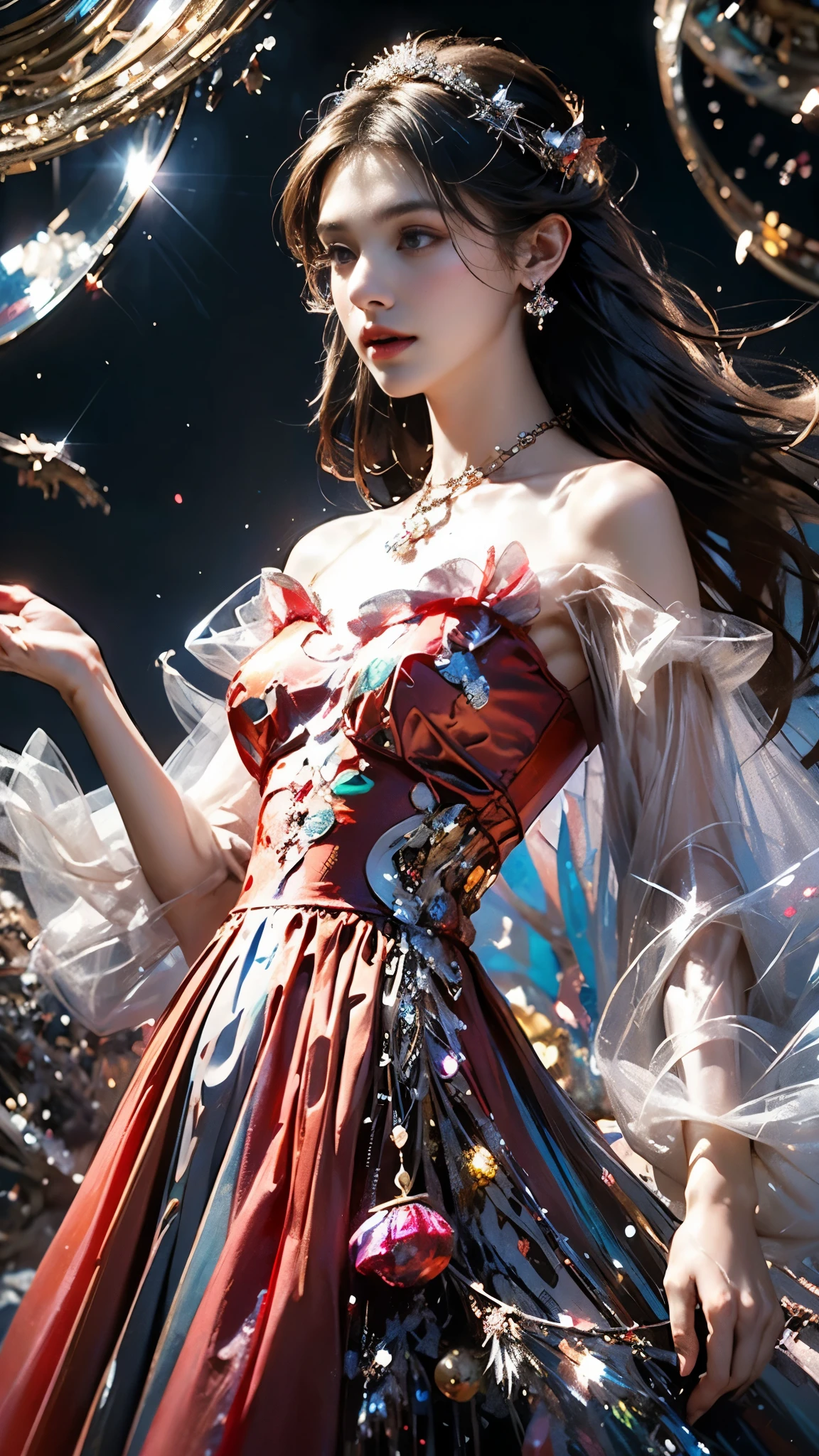 8K, ultra hd, masterpiece, 1 girl, (good face:1.4), detailed eyes, very long hair, impressive hairstyle, earings, necklace, small breasts, (red dress:1.5), see-through, (fantasy dress:1.5) Light-colored foundation brings out the transparency of the skin, (in the wonderland:1.5), mystery, diwali lights, glowing lights, very decoration, The lights falls like water, perfect body,