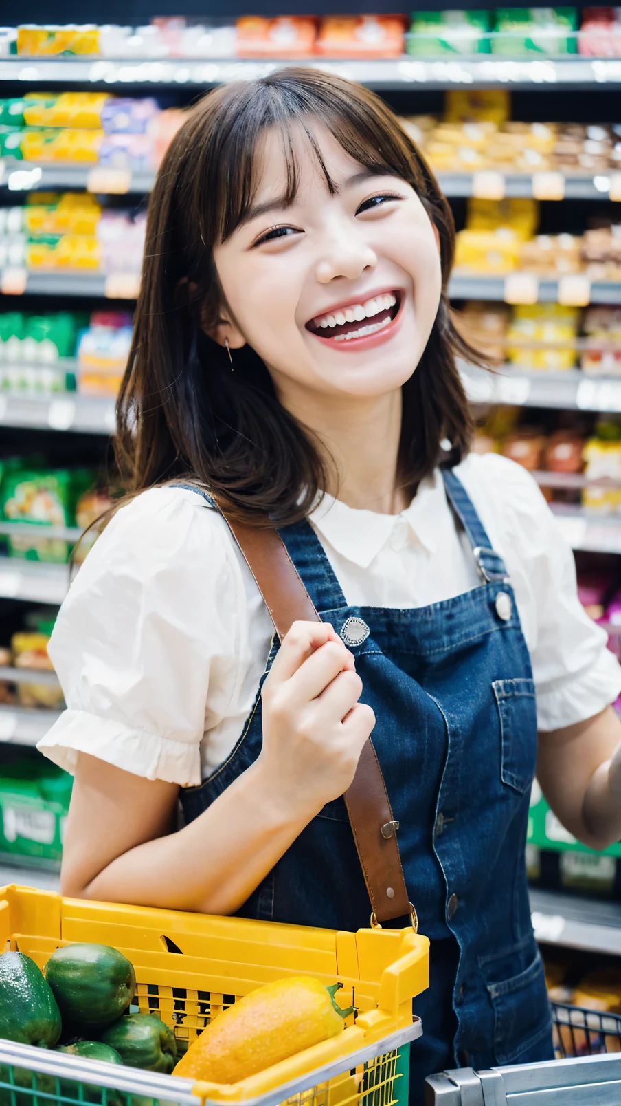 a beautiful girl, (huge Laughing:1.2), (open mouth:1.1), (Raw photo, highest quality), (64K, highest quality, masterpiece: 1.2), Super detailed, super resolution, working at a supermarket,