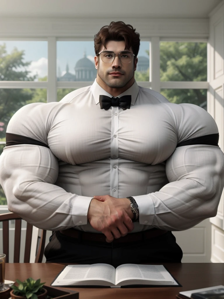 masterpiece, ONYX11, A 28-year-old mature male with huge muscles, Look at viewer, Line of sight focusing, Stand, Wearing a white short-sleeved shirt, bowtie, Brown hair, Indoor, Outside the window is the garden, Rimless glasses, textured skin, strong body, brutalmass, massive body, giant, bulk, wide pecs, large size, super detail, best quality, 8k