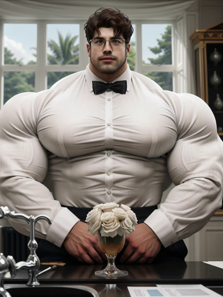 masterpiece, ONYX11, A 28-year-old mature male with huge muscles, Look at viewer, Line of sight focusing, Stand, Wearing a white short-sleeved shirt, bowtie, Brown hair, Indoor, Outside the window is the garden, Rimless glasses, textured skin, strong body, brutalmass, massive body, giant, bulk, wide pecs, large size, super detail, best quality, 8k