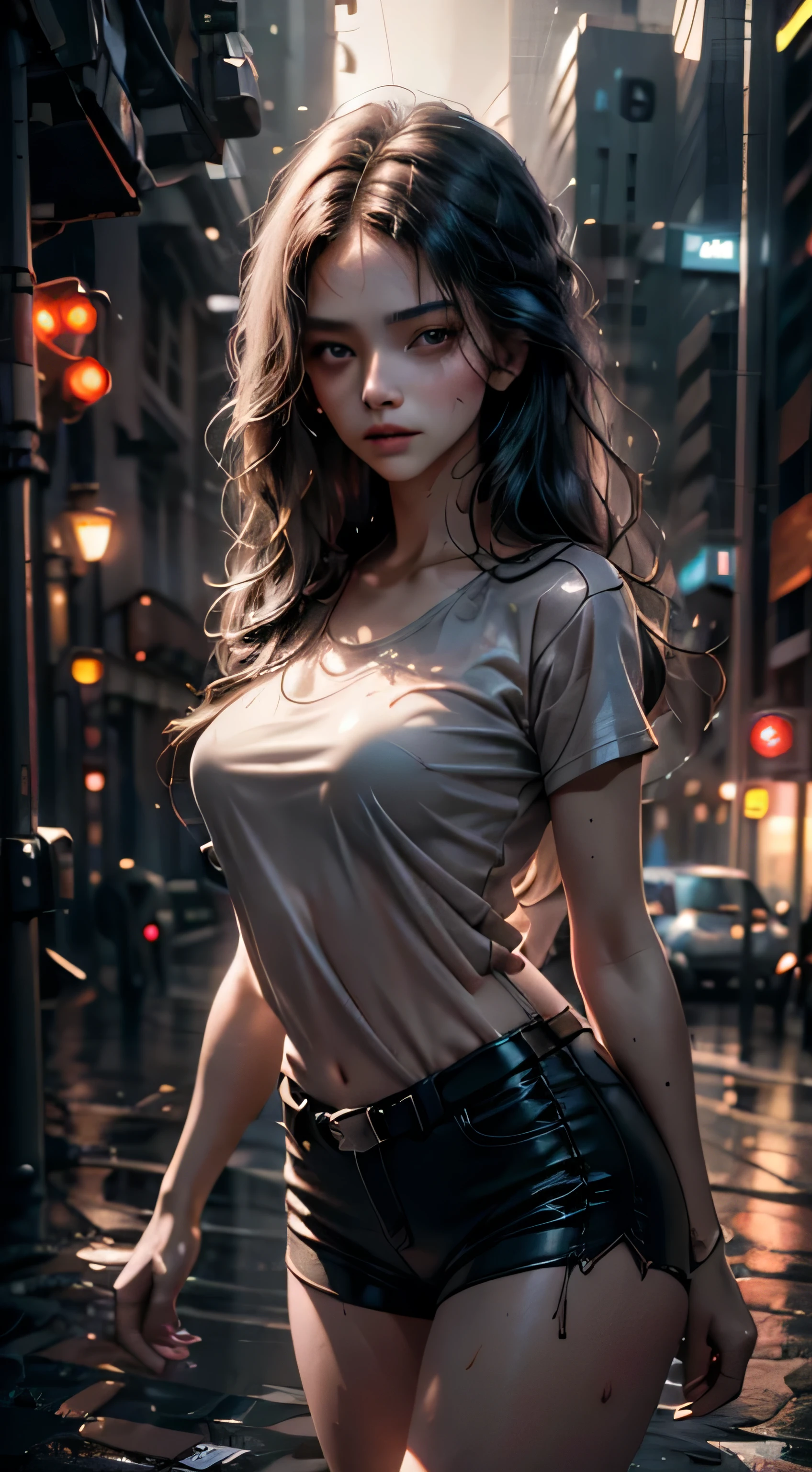 Beautiful woman with wavy hair, delicate and charming eyes, thigh notch, sexy long legs, t-shirt in small shorts, beautiful futuristic cyberpunk + city, mist, damp, rain, best quality masterpiece, realistic, detailed, 8k, HDR, shallow depth of field, wide light, high contrast, backlight, flood, flash, chromatic aberration, sharp focus, RAW color photo