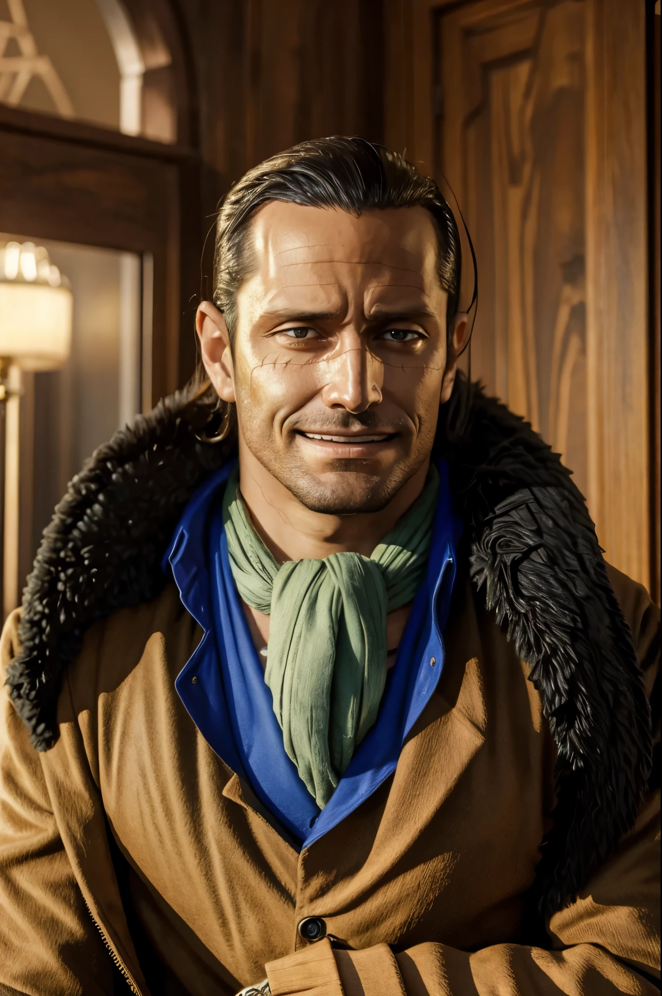masterpiece, best quality, extremely detailed, hyperrealistic, photorealistic, a cool 40s man, ultra detailed face:1.2, fur-trimmed coat, scarf around the neck, his left hand is a golden pirate hook:1.1, ciger, living room, in the morning, sly smile