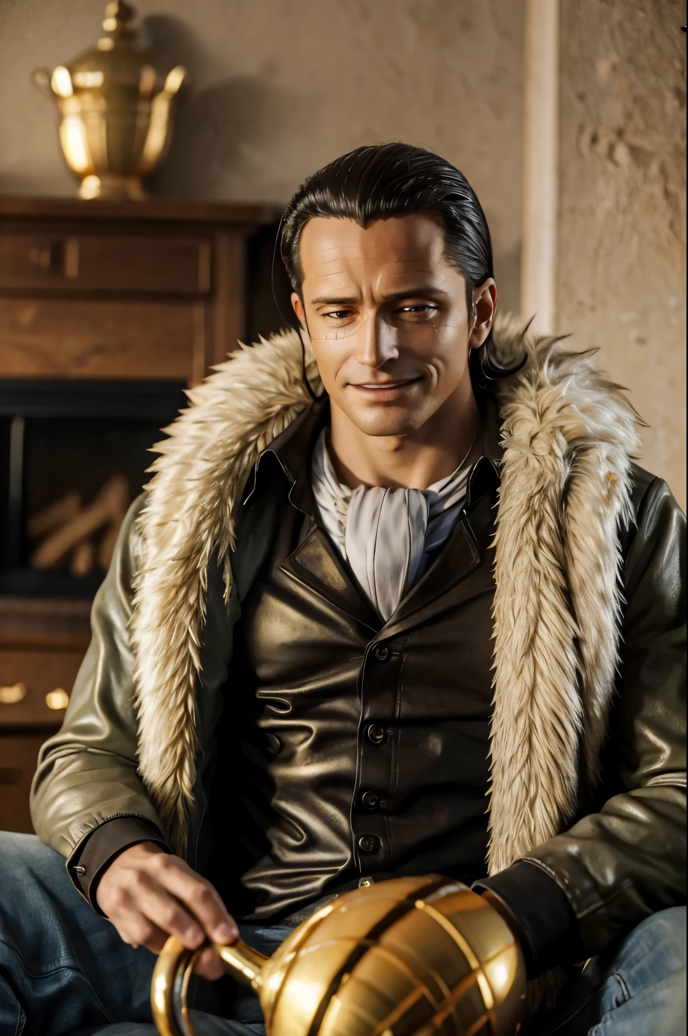 masterpiece, best quality, extremely detailed, hyperrealistic, photorealistic, a cool 40s man, ultra detailed face:1.2, fur-trimmed coat, scarf around the neck, his left hand is a golden pirate hook:1.1, ciger, living room, in the morning, sly smile
