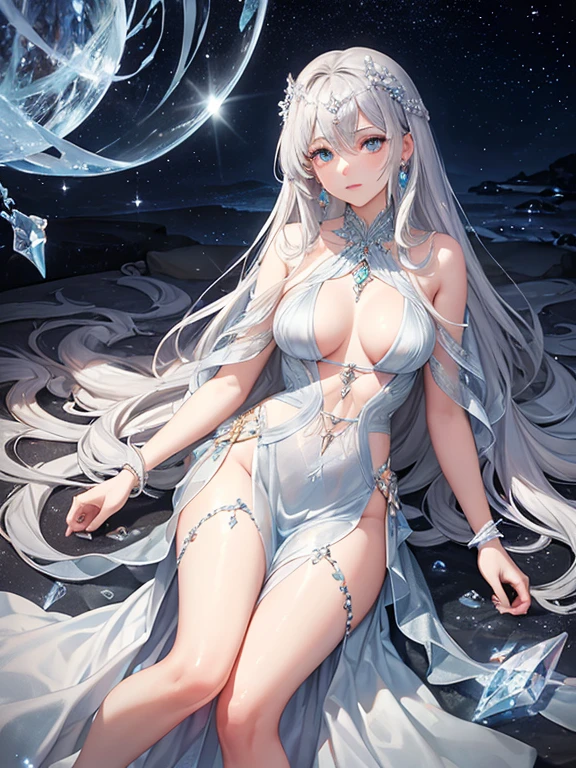 {{{{Crystalline Gemstone Long Gloves}}}},((Beautiful and delicate silvery wavy hair)),((Crystallize the textured body)),gem body,Crystallization of clothes,((Crystal Texture Skin)),shine, Sparkling,Lens flare, Light leakage, Broken glass，{{{{Dark blue wedding dress with delicate jewels}}}},,Beautiful detailed jewel sky, Sea of Gems,Silver grey beautiful eyes,earrings,full body shot,Warlike,Intricately braided hair,tie hair,pillar of light,night sky,star々,bangles,sleep on your back,Wings growing from the waist,Valkyrie