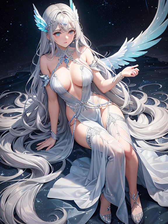 {{{{Crystalline Gemstone Long Gloves}}}},((Beautiful and delicate silvery wavy hair)),((Crystallize the textured body)),gem body,Crystallization of clothes,((Crystal Texture Skin)),shine, Sparkling,Lens flare, Light leakage, Broken glass,{{{{Dark blue wedding dress with delicate jewels}}}},,Beautiful detailed jewel sky, Sea of Gems,Silver grey beautiful eyes,earrings,full body shot,Warlike,Intricately braided hair,tie hair,pillar of light,night sky,star々,bangles,sleep on your back,Wings growing from the waist,Valkyrie