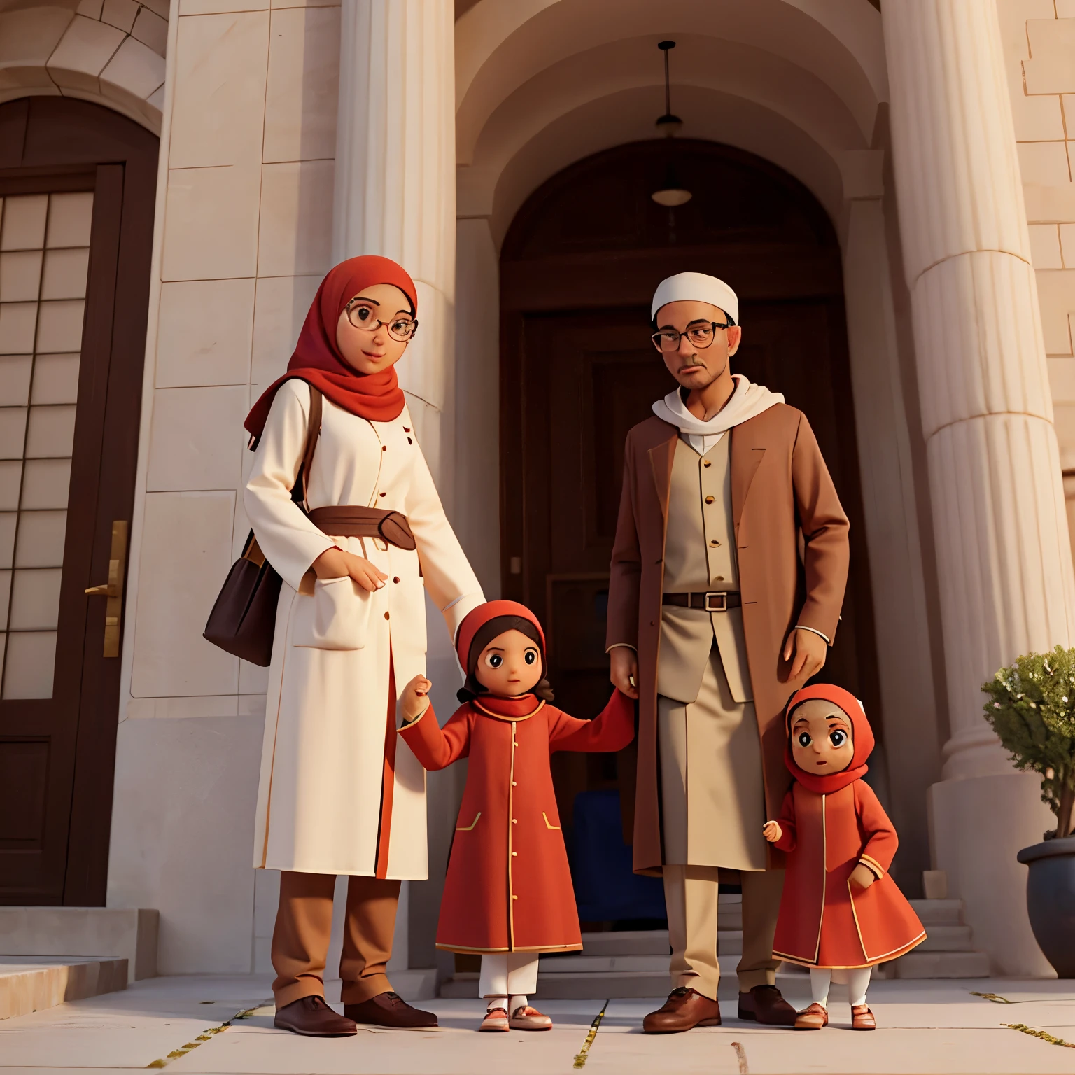 a family consisting of 4 members, 1 father, 1 mother, and 2 daughters. The father wears a hat and brown Muslim clothes, while the mother wears a brown hijab the same as her robe and wears glasses, the first (22 years old) wears a brown hijab and his robe is reddish-brown, and the last () wears a brown hijab and wears a white robe, with a mosque in the background.
