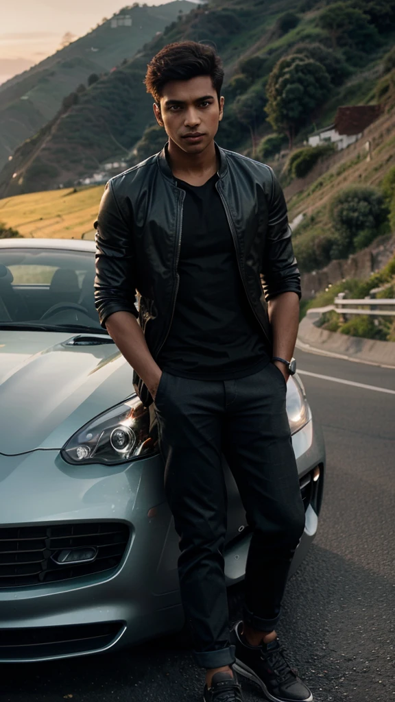 A young Indian slim fit man leaning on a sports car with style on a road with hilly greenery background, depth of field, 8k quality, volumetric evening lighting, sunset view, cinematic lighting, cinemating colour grading,
