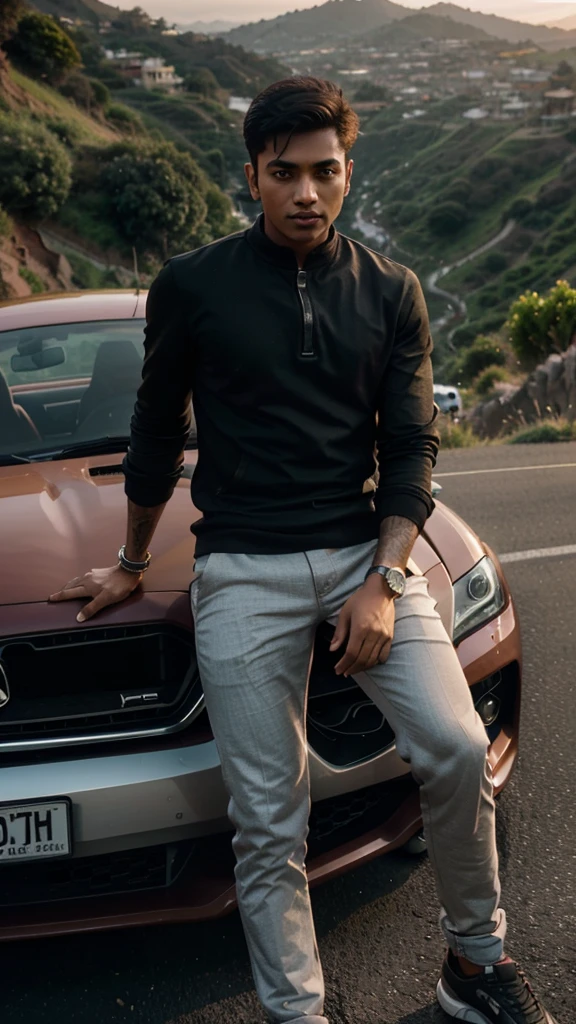 A young Indian slim fit man leaning on a sports car with style on a road with hilly greenery background, depth of field, 8k quality, volumetric evening lighting, sunset view, cinematic lighting, cinemating colour grading,