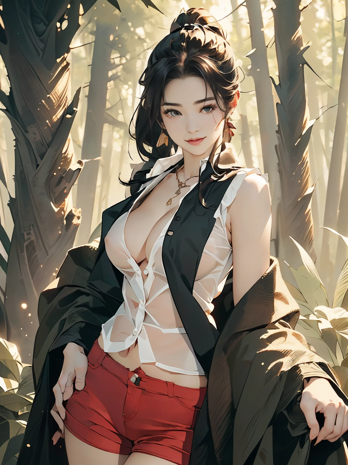 ((((highest quality))))、(((Ultra-precision CG16K wallpaper)))、(((masterpiece)))、(((Super detailed)))、(((super extreme details)))、((1people's women))、mature woman、24 year old woman、(((clarity、detailed face:1.6)))、((Japanese face))、((very beautiful face))、((Mai Shiraishi:1.5))、((straight long ponytail hair、blunt bangs:1.5))、(shiny brown hair)、((Big eyes with double eyelids))、beautiful delicate eyes、brown eyes、raised eyebrows、high nose、small nostrils、small mouth、seductive lips、beautiful breasts、((C cup size breasts))、cleavage、plump body、(Chubby body type)、perfect proportions、perfect anatomy、perfect composition、beautiful detailed shading、beautiful natural lighting、beautiful detail glow、Depth of the bounds written、(((High chroma)))、(((real:1.9)))、((vivid:1.5))、((edge:1.6))、((beautiful skin))、((skin texture))、((realな皮膚感))、(((cowboy shot:1.6)))、((front view:1.8))、((shy smile:1.5))、(Eyes looking at me:1.5)、Bright daylight、Natural light、(((in the forest:1.6)))、(standing pose:1.5)、(((White sleeveless collared shirt with hem、Red hot pants:1.6)))、((earrings、wearing necklace:1.3))、