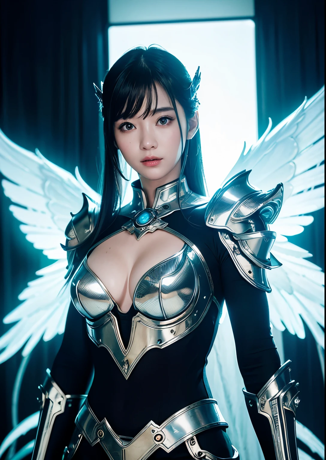 highest quality、masterpiece、ultra high resolution、(lifelike:1.4)、original photo、Robot Angel Battle、large wings made of metal、White porcelain body、Transparent acrylic cover、cana、glowing skin、1 chica ·、((Super realistic details))、Potrat、global illumination、shadow、Octane notation、8K、Super sharp、character rim light,huge 、Exposed skin on shoulders、intricate decorative details、Japan details、Hydraulic cylinder、small LED light、very intricate details、lifelike光线、a black eye、radiant eyes、in front of camera、Neon details、cowboy shooting、future helmet、About cyberpunk、、