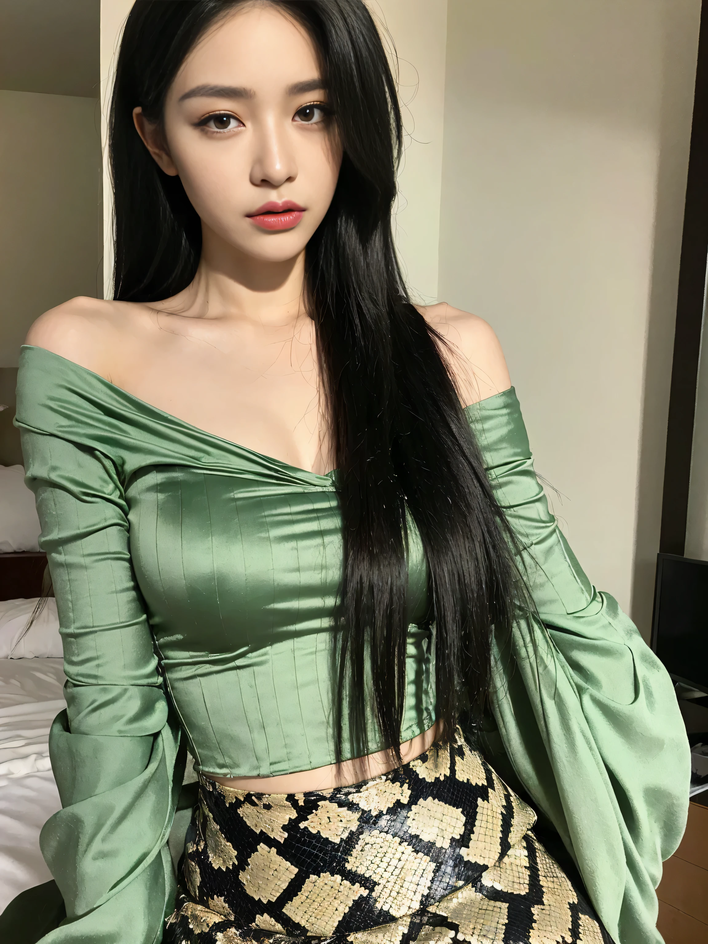 ((best quality, 8k, Masterpiece: 1.3)), 1 girl, Beautiful figure, slim stomach.: 1.3, (long black hairstyle,messy hair, big breasts: 1.2), white off shoulder dress, There is a see-through cloak., Off-the-shoulder shirt, Show off your abdominal muscles , Very smooth face, delicate eyes, Double eyelids, house,on the bed,Raise your hair,sleepy eyes,There are snake scales on the arms.(That arm is green.)