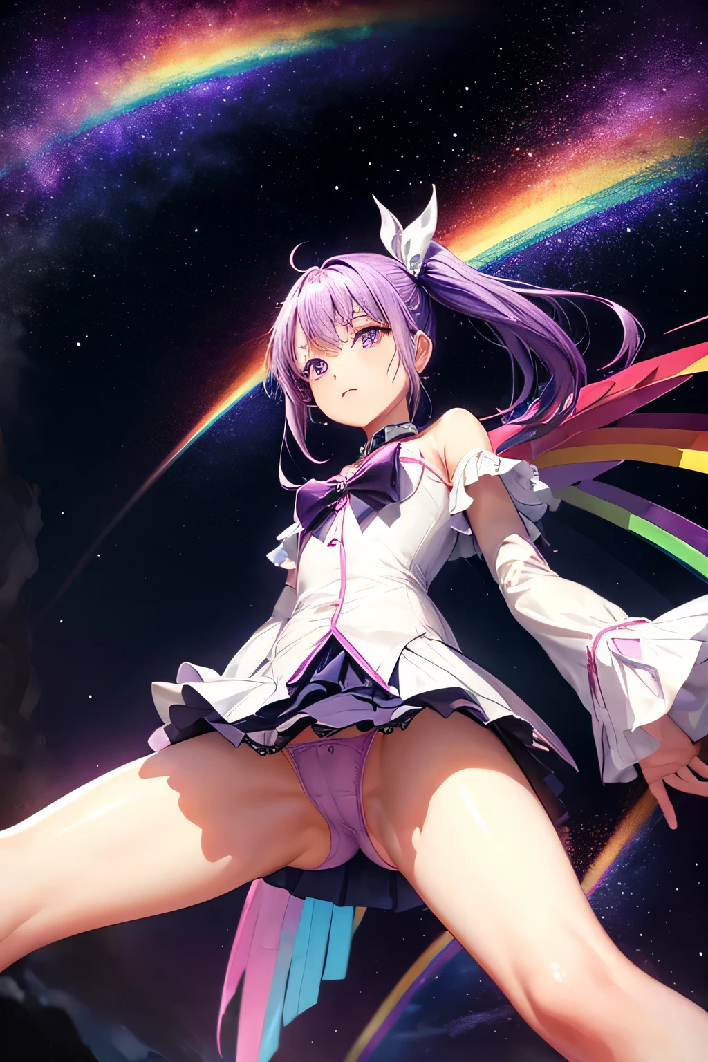 (((spread legs)))、Rainbow Magical Girl Costume、(((Panty shot)))、Beauty、Purple hair short ponytail、((whole body))、(((photo taken from below)))、night sky、The background is darkness