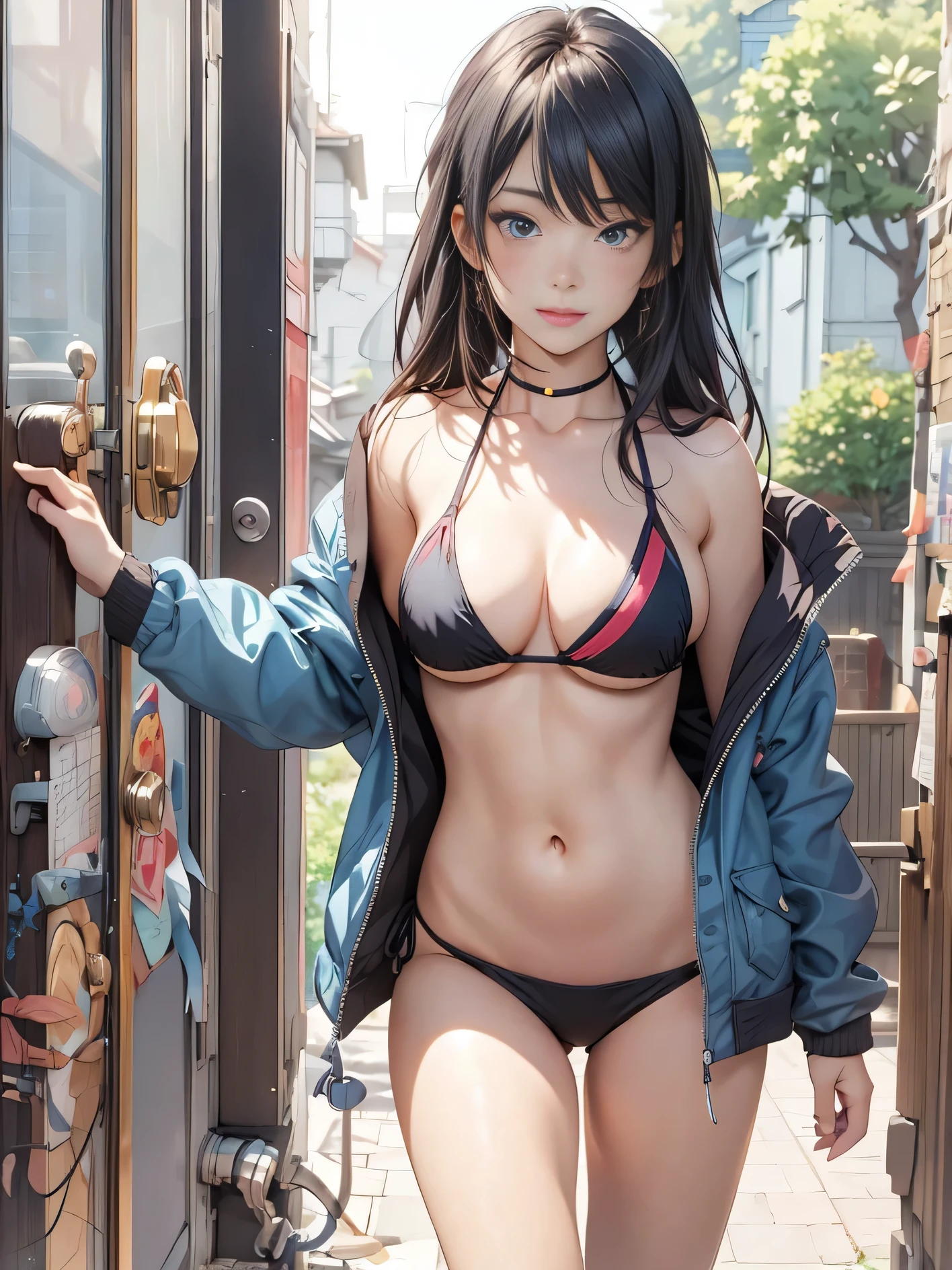 anime girl in a bikini and jacket standing in front of a door, seductive anime girl, attractive anime girl, , realistic bikini, beautiful alluring anime woman, beautiful anime girl, beautiful alluring anime teen, anime moe artstyle, smooth anime cg art, guweiz, cute anime girl, artwork in the style of guweiz