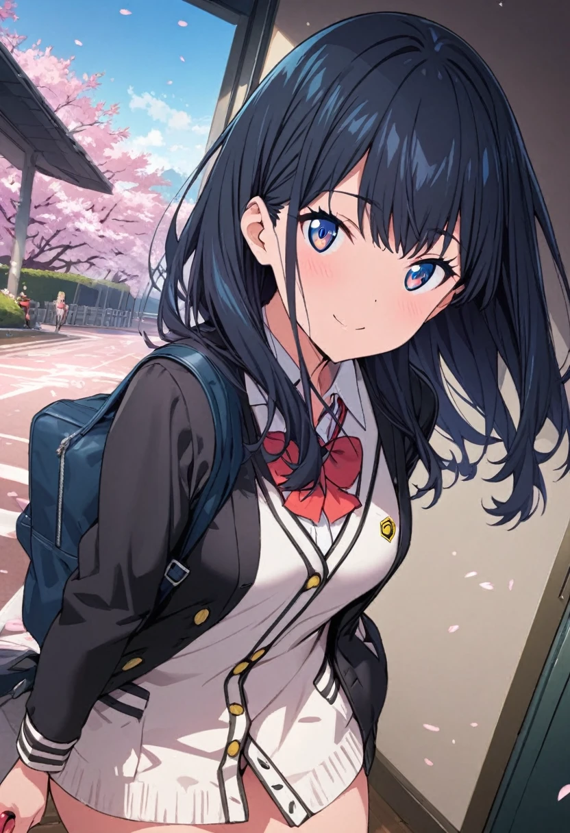 High-definition,high resolution,8k.perfect face,perfect figure, 1 girl.solo,TaKarada rikka_ssss.GRIdMAN.Inside the school, A bed phone around my neck, a bag on my back,walking outside the school A large amount of cherry blossom snowstorm flows,cherry blossoms, hair fluttering in the wind,looking at the camera,wave, smile