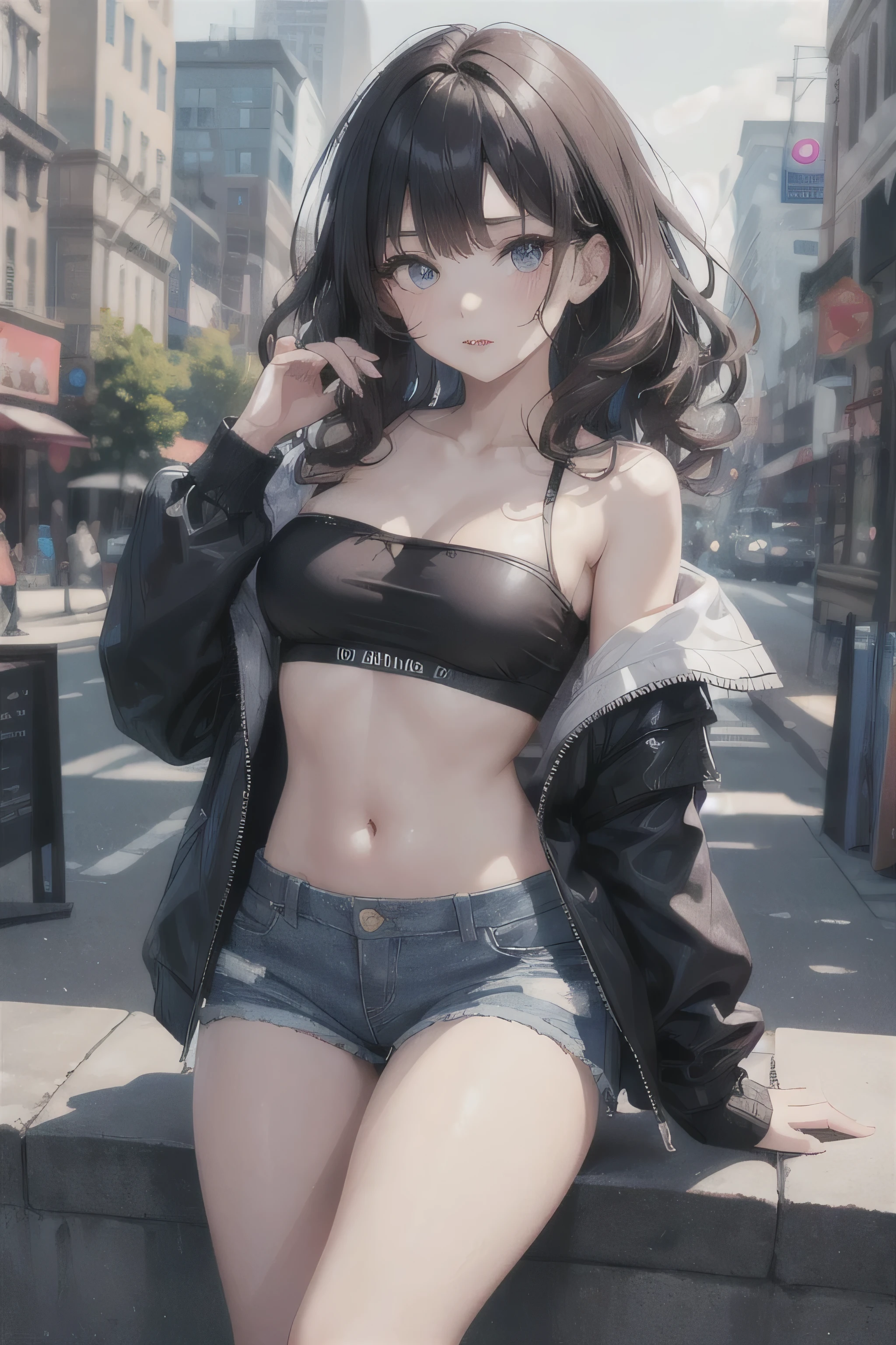 1girl,cute, medium breasts, wavy hair, looking at viewer,crystal eyes, black hair,day,cityscape, shorts, off shoulder, bare shoulders, open jacket , detailed background,glossy lips,