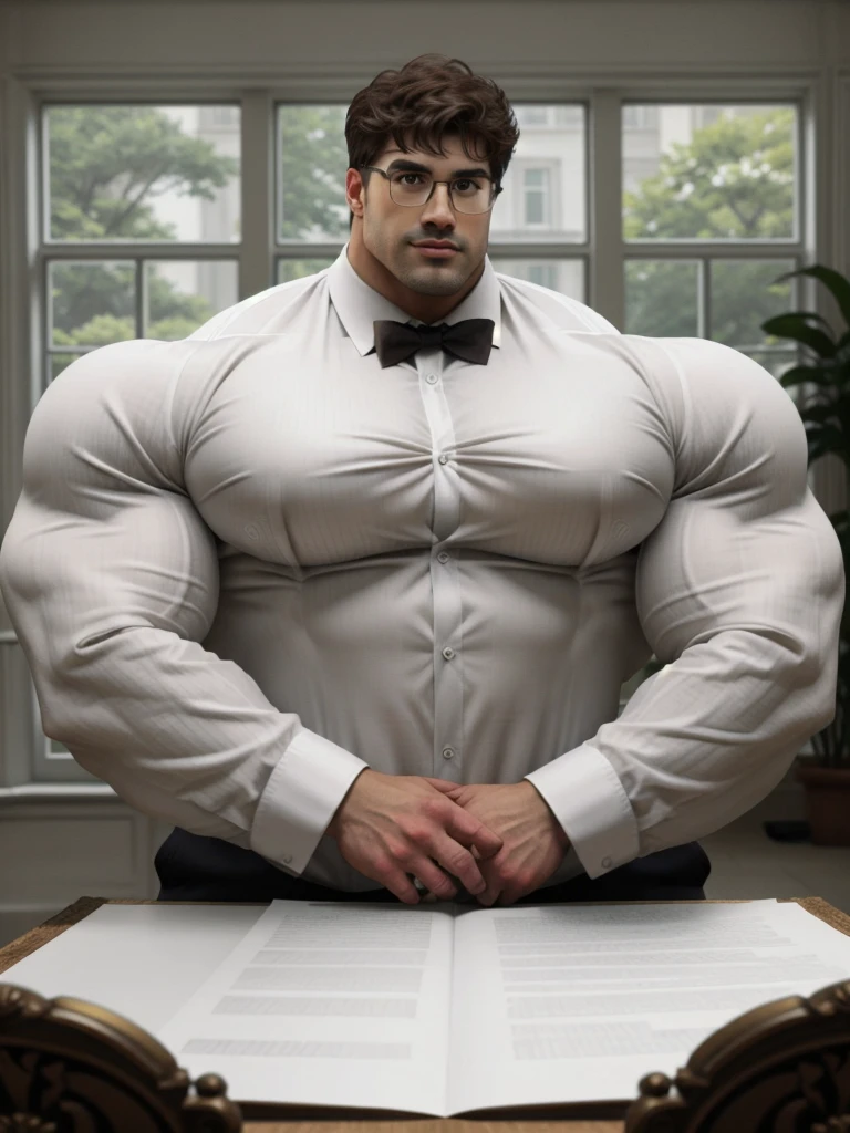 masterpiece, ONYX11, A 28-year-old mature male with huge muscles, Look at viewer, Line of sight focusing, Stand, Wearing a white short-sleeved shirt, bowtie, Brown hair, Indoor, Outside the window is the garden, Rimless glasses, textured skin, strong body, brutalmass, massive body, giant, bulk, wide pecs, large size, super detail, best quality, 8k