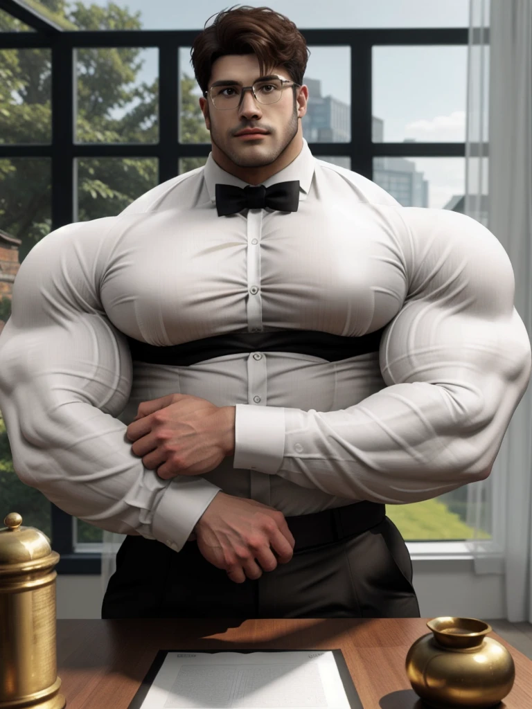 masterpiece, ONYX11, A 25-year-old mature male with huge muscles, Look at viewer, Line of sight focusing, Stand, Wearing a white short-sleeved shirt, bowtie, Brown hair, Indoor, Outside the window is the garden, Rimless glasses, textured skin, strong body, brutalmass, massive body, giant, bulk, wide pecs, large size, super detail, best quality, 8k