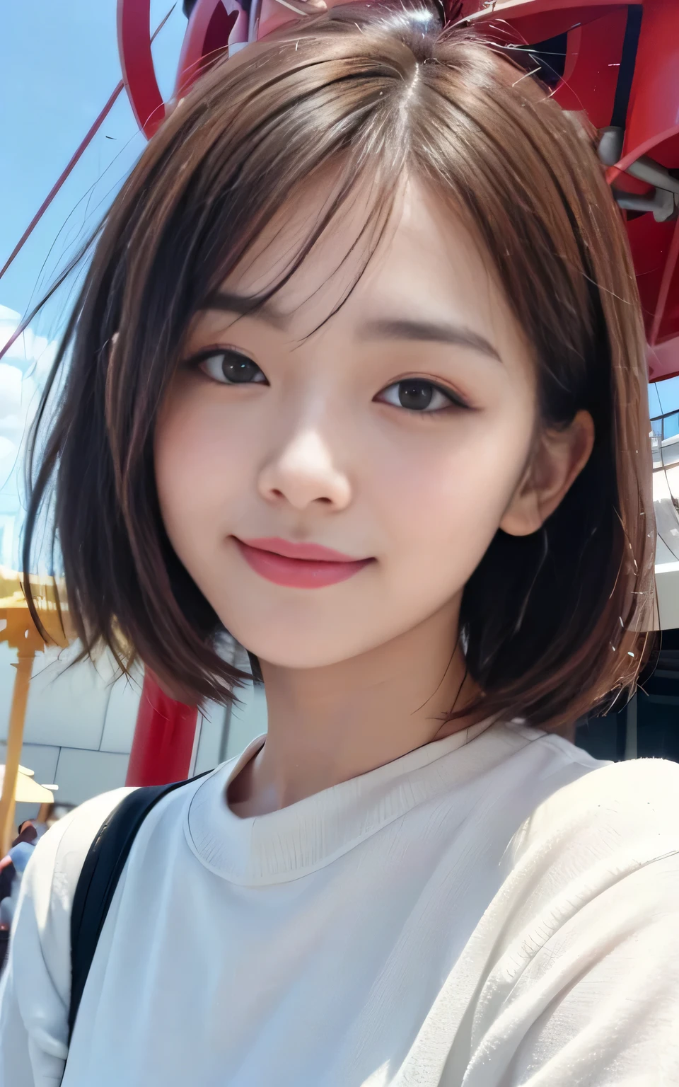 cute 21 year old japanese、amusement park、clear sky、Light of the sun、Ferris wheel、super detail face、pay attention to details、double eyelid、beautiful thin nose、sharp focus:1.2、Beautiful woman:1.4、(light brown hair,short hair、),pure white skin、highest quality、masterpiece、ultra high resolution、(Photoreal:1.4)、Highly detailed and professional lighting、nice smile、show your whole body、red sweater、