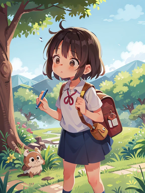 Kasuga,Blue sky full of clouds,Mountain trees,city building, Girl with short brown hair,In the valley, with school bag holding paper and pen,A little bird is flying overhead,A cute little bird on the grass