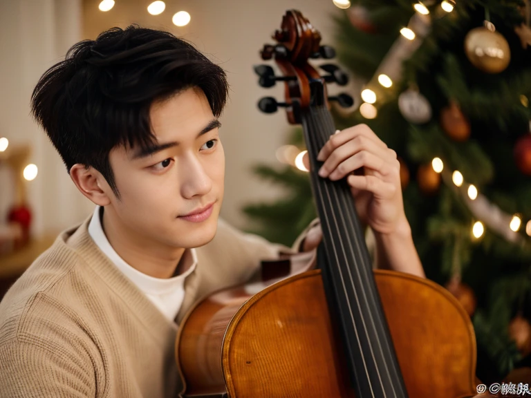 Realism, 8K full body portrait, masterpiece. (Cello detailed details.Headstock.String plug)A young 28 year old man.A little messy short hair(artist.musician),Wearing wool sweaters and jackets. Sitting indoors and playing the cello(Cello)(靈感來自中國musician馬友友). charming expression, Fine facial details,Detailed finger positions and details.young man playing Cello in front of a Christmas tree.