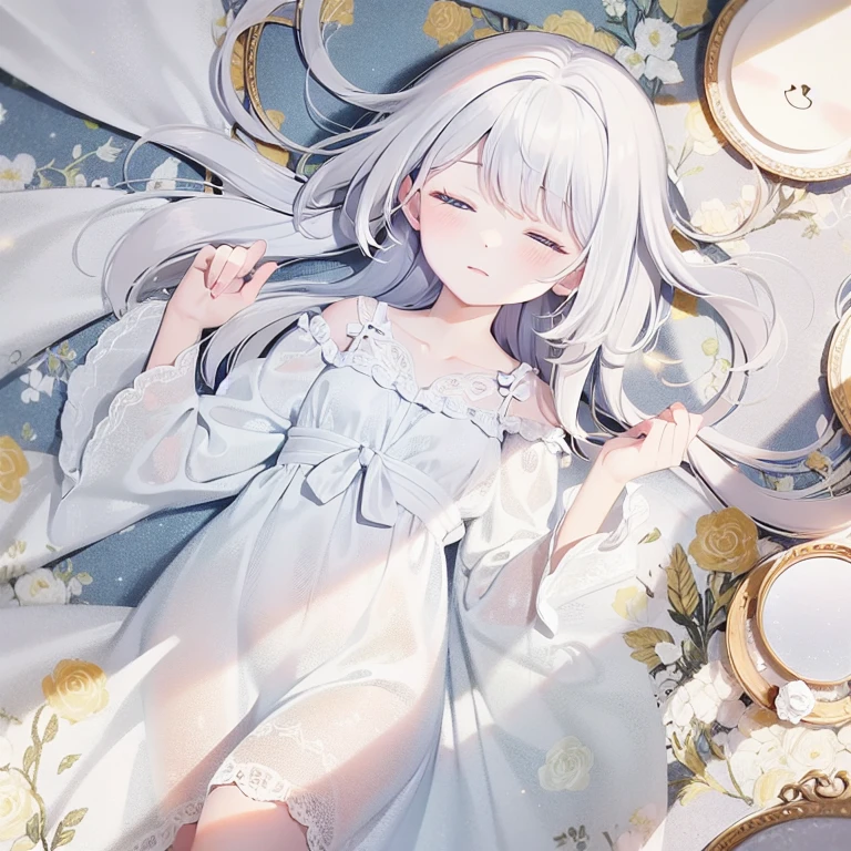 ((masterpiece, best quality))++, Detail lights+, detail hair+, Detail hand+ ,1 girl, long gray hair, dark blue eyes, beautiful eyes, Young gray hair,,(beautiful white hair:1.5),(beautiful eyes), high resolution+, , Glass tones, Reflective eyeanyery detail wallpaper, The original, ,Headband ,,single ponytail,,A girl sleeping at home,Wear a nightgown,closed eyes,Warm colors,the view of the city