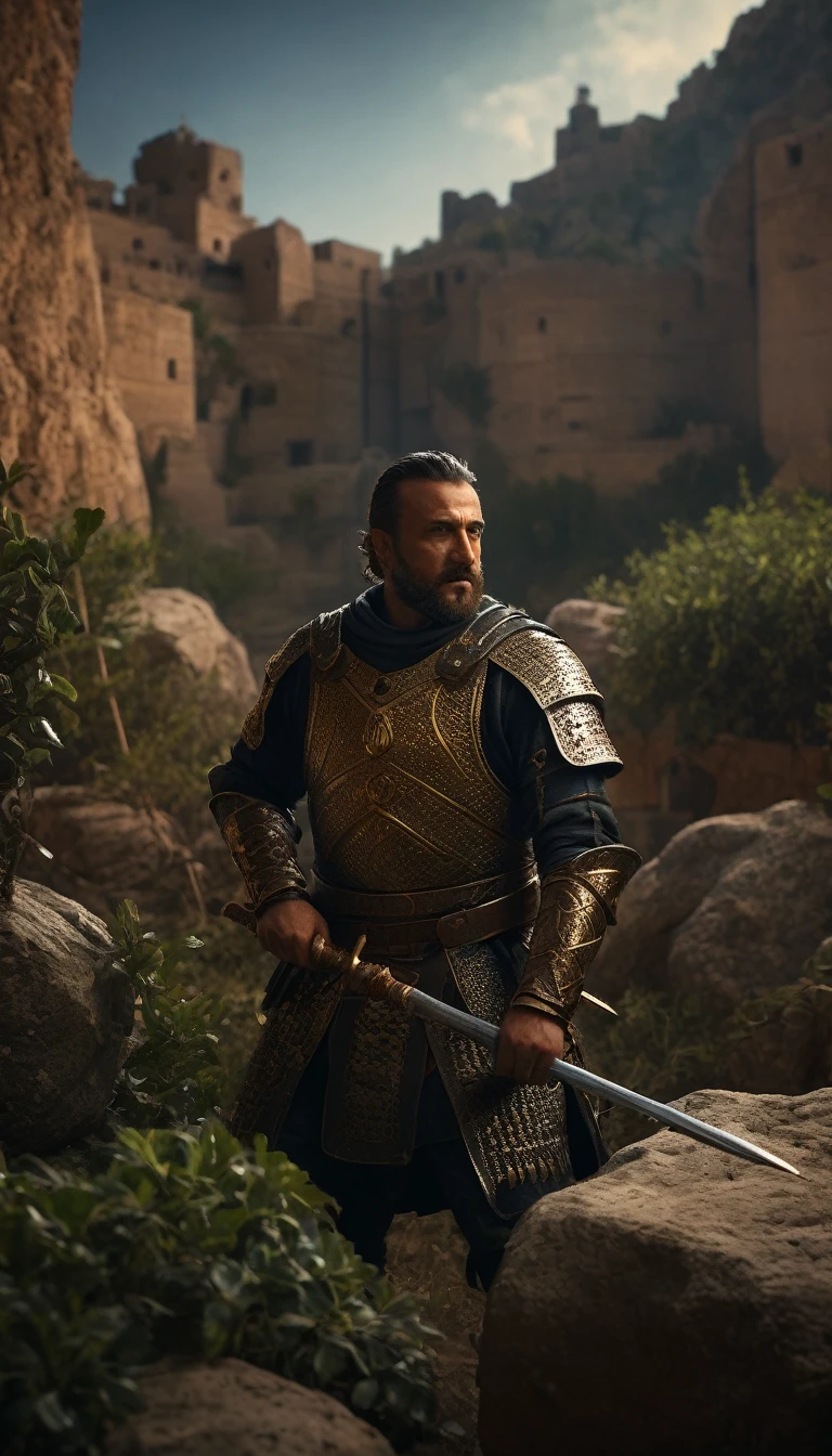 On one side, the Mamluk forces, clad in armor and wielding swords and spears, are strategically positioned among the rocks and bushes, background dark, hyper realistic, ultra detailed hyper realistic, photorealistic, Studio Lighting, reflections, dynamic pose, Cinematic, Color Grading, Photography, Shot on 50mm lens, Ultra-Wide Angle, Depth of Field, hyper-detailed, beautifully color, 8k