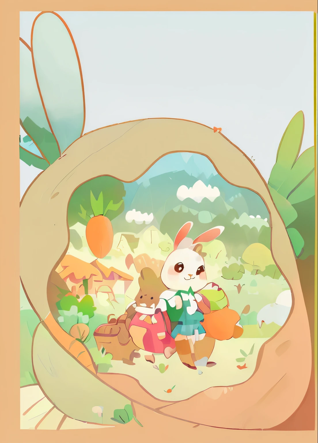 Little rabbit on the way to school,At the rabbit's feet is his schoolbag,There are many radishes planted on the left.,There are many mountains and trees behind the right side.,The left back is the carrot house,A border surrounded by a big carrot