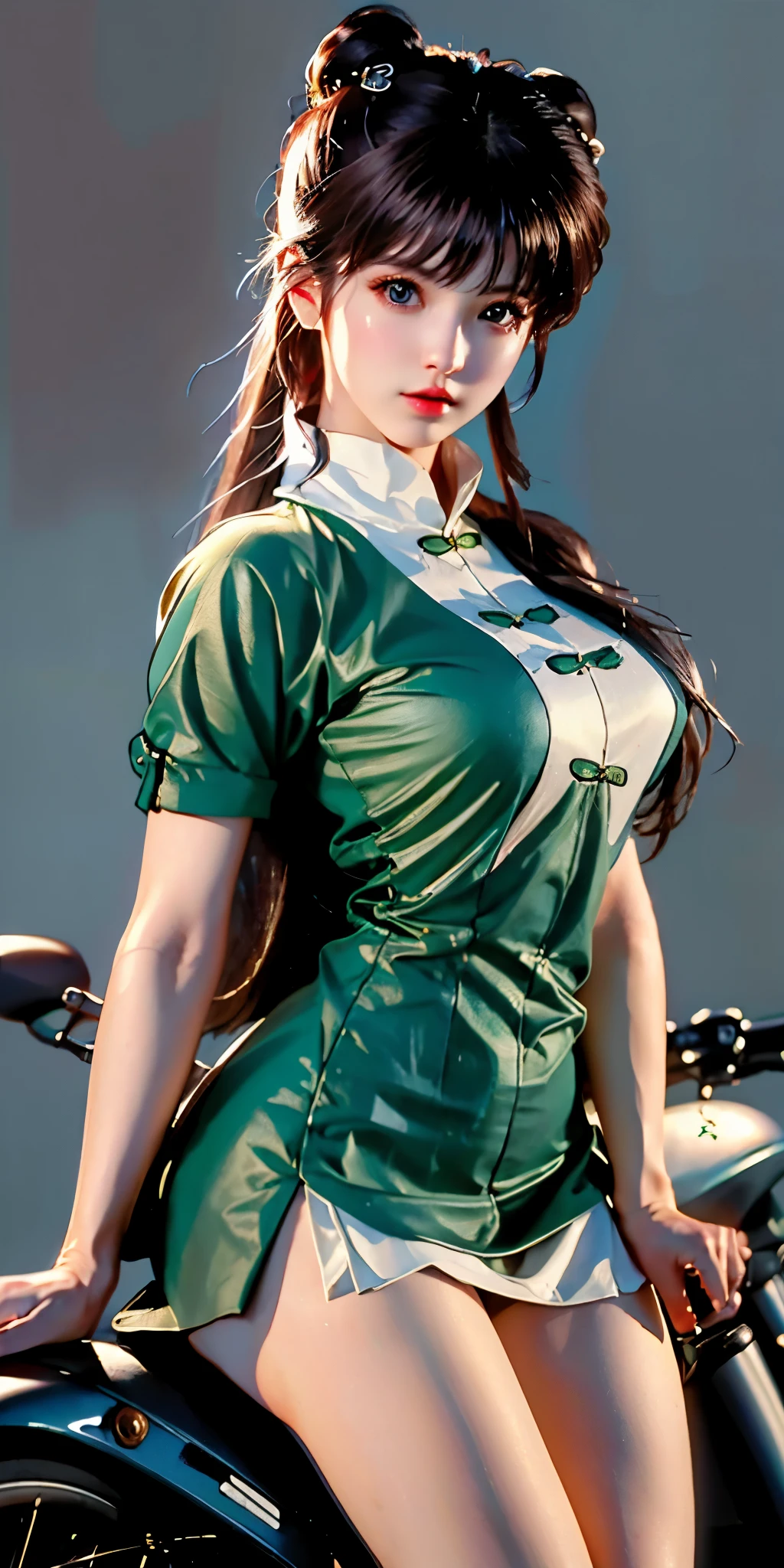 raw photo,realistic,White panties are visible as she straddles a motorcycle、A woman in a green shirt sitting on a black Kawasaki motorcycle, super mini skirt、white panties、Cyclists, white pantiesバイク, realistic artstyle, Super detailed. digital painting, sitting on a cyberpunk bike, digital illustration style, white panties、realistic!!!!!!! art style, Airbrush Rendering, motorcycle, style digital painting, airbrush digital oil painting, in style of digital painting, close up shot, realistic picture