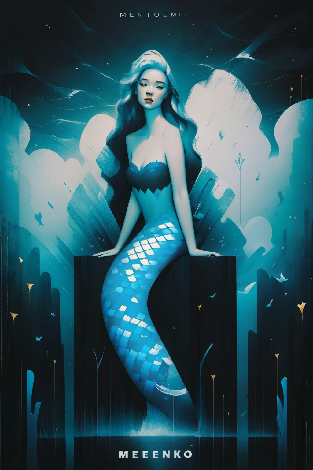 Advertising poster, mermaid and the storm, monochromatic 