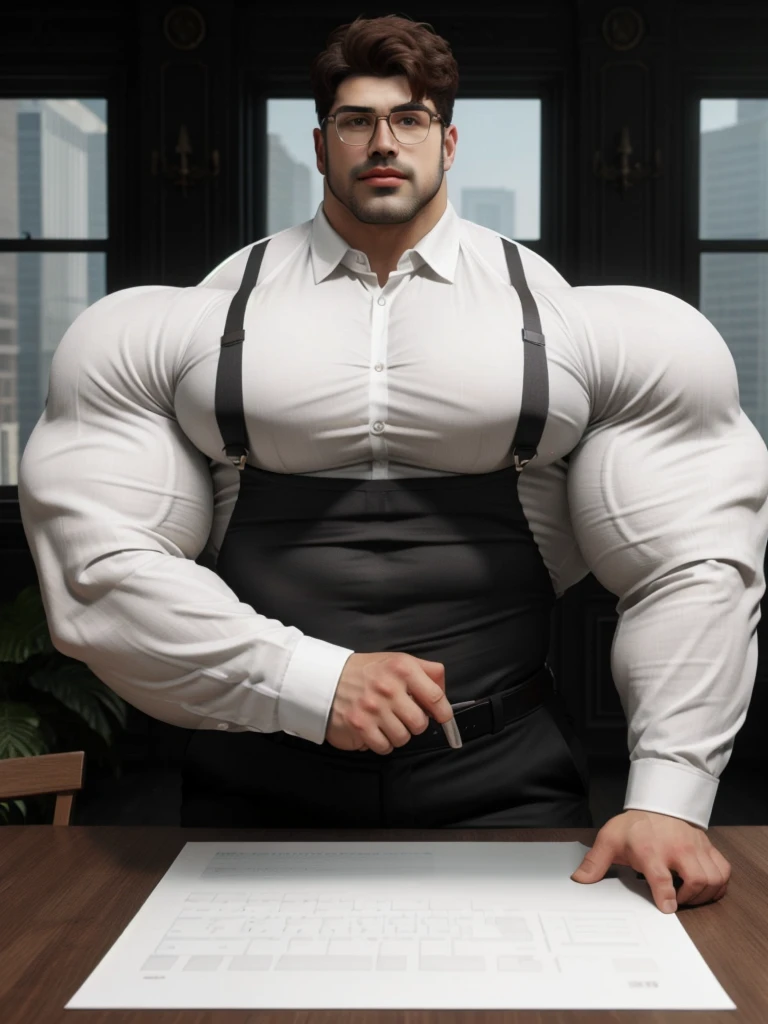 1 men, giant, bodybuilder pose, illuminating light, strong body, bulk, large size, staring, in the office room, white collar shirt & chino pants, prominent bulge, big, brutalmass, giant, muscular body, bulk, buff, massive body, large meaty body size,