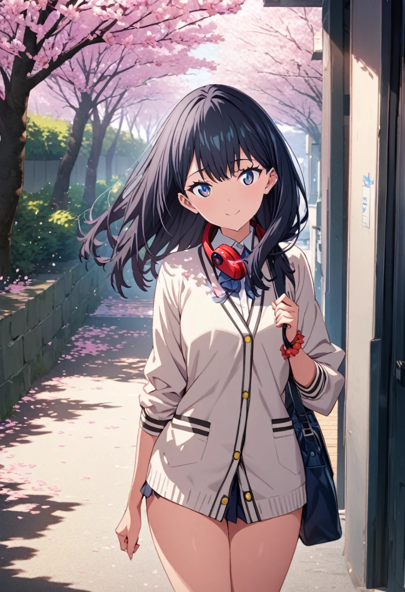 High-definition,high resolution,8k.perfect face,perfect figure, 1 girl.solo,TaKarada rikka_ssss.GRIdMAN.Inside the school, (A bed phone around my neck), a bag on my back,walking outside the school A large amount of cherry blossom snowstorm flows,cherry blossoms, hair fluttering in the wind,looking at the camera,wave, smile