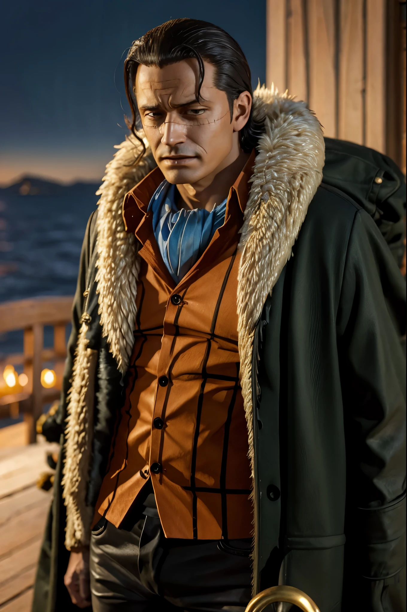 masterpiece, best quality, extremely detailed, hyperrealistic, photorealistic, a cool 40s man, ultra detailed face:1.2, fur-trimmed coat, scarf around the neck, his left hand is a golden pirate hook:1.1, ciger, sea:1.2, in the night, outraged