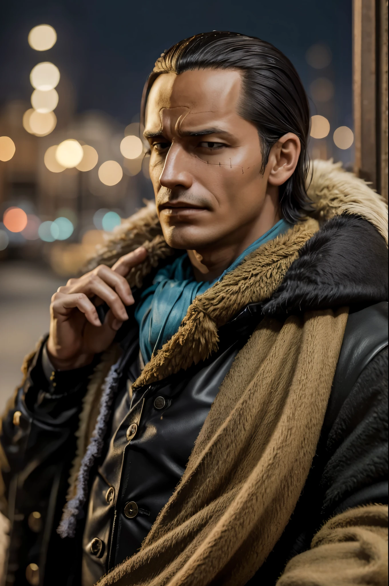 masterpiece, best quality, extremely detailed, hyperrealistic, photorealistic, a cool 40s man, ultra detailed face:1.2, fur-trimmed coat, scarf around the neck, his left hand is a golden pirate hook:1.1, ciger, sea:1.2, in the night, outraged