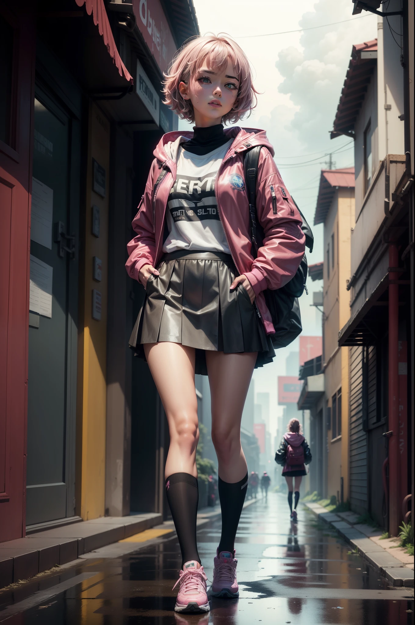 1 girl,pink jacket,dark stormy clouds,Sateen,mirth,hoody,Superskirt,Martin shoes,Open jacket,backpacks,messy hair,8K resolution,The content is very detailed,Anatomically correct,Sharp Images,digitial painting,concept-art,Trends on pixiv,tmasterpiece, Best quality at best, In the cyberpunk city,