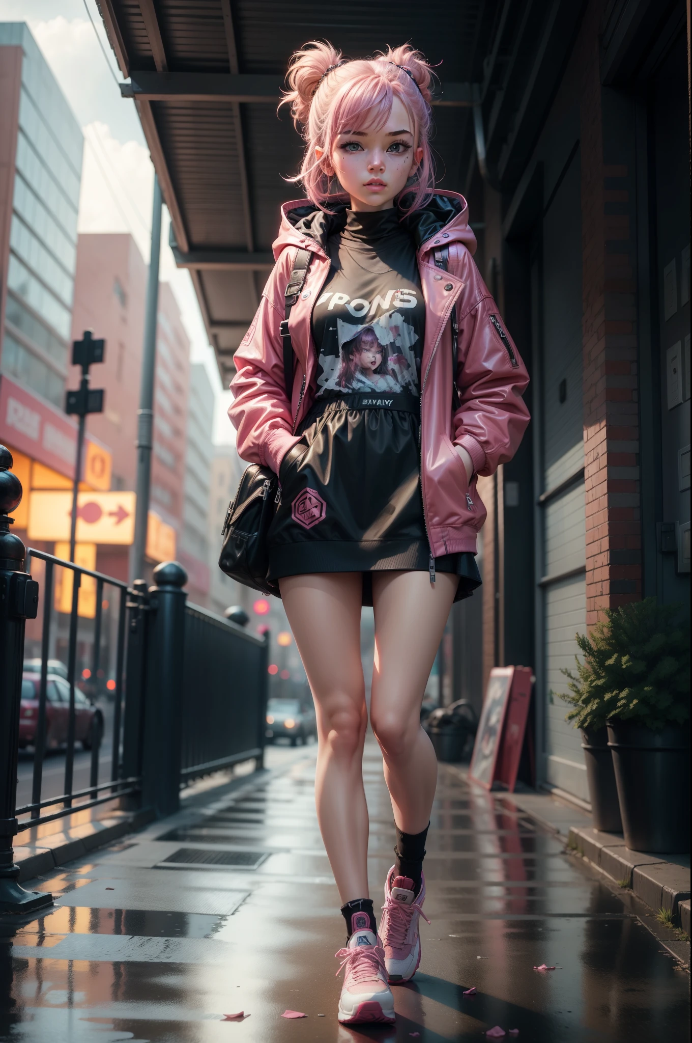 1 girl,pink jacket,dark stormy clouds,Sateen,mirth,hoody,Superskirt,Martin shoes,Open jacket,backpacks,messy hair,8K resolution,The content is very detailed,Anatomically correct,Sharp Images,digitial painting,concept-art,Trends on pixiv,tmasterpiece, Best quality at best, In the cyberpunk city,