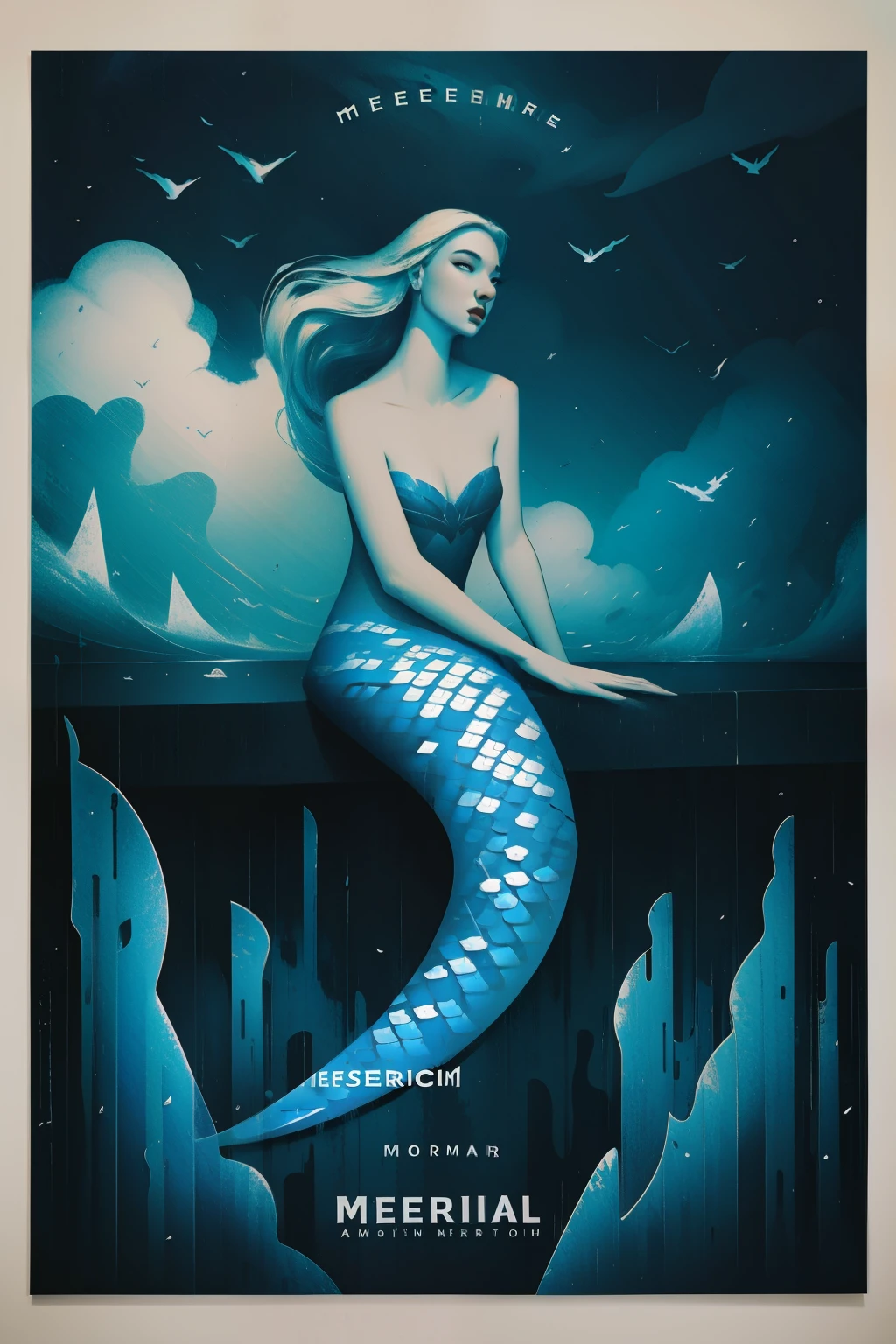 Advertising poster, mermaid and the storm, monochromatic