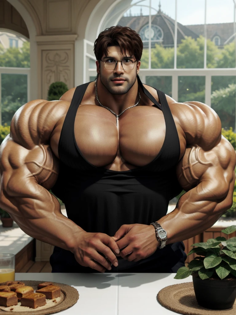 masterpiece, ONYX11, A 28-year-old mature male with huge muscles, giant, brutalmass, massive body, bulk, wide pecs, large body size, Look at viewer, Line of sight focusing, Stand, shirtless, Brown hair, Indoor, Outside the window is the garden, Rimless glasses, textured skin, strong body, super detail, best quality, 8k