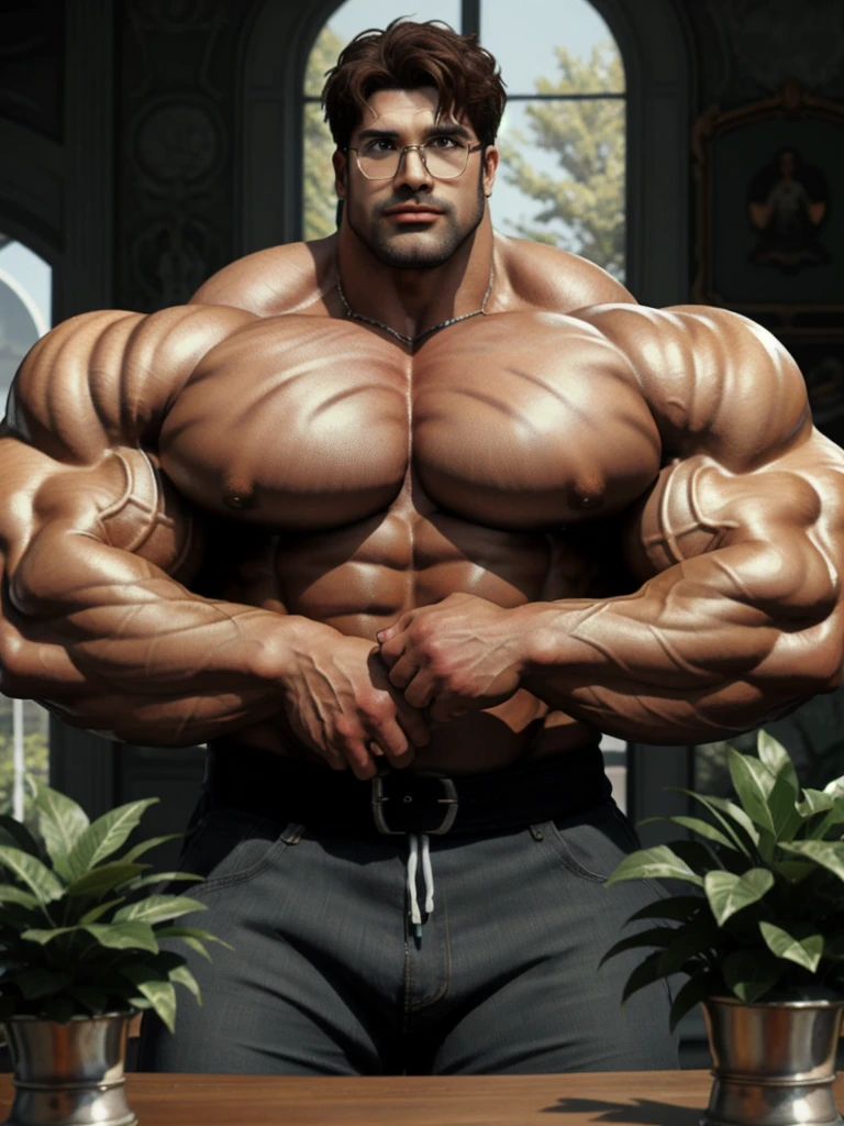 masterpiece, ONYX11, A 28-year-old mature male with huge muscles, giant, brutalmass, massive body, bulk, wide pecs, large body size, Look at viewer, Line of sight focusing, Stand, shirtless, Brown hair, Indoor, Outside the window is the garden, Rimless glasses, textured skin, strong body, super detail, best quality, 8k