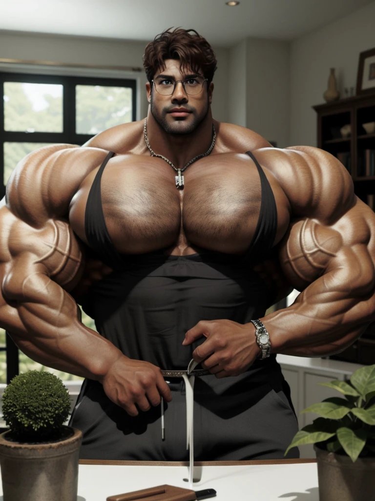 masterpiece, ONYX11, A 28-year-old mature male with huge muscles, giant, brutalmass, massive body, bulk, wide pecs, large body size, Look at viewer, Line of sight focusing, Stand, shirtless, Brown hair, Indoor, Outside the window is the garden, Rimless glasses, textured skin, strong body, super detail, best quality, 8k