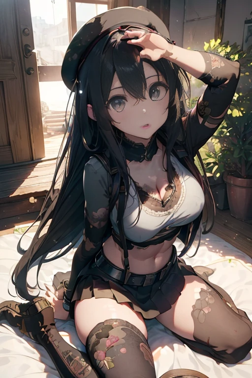 ubel,dark green hair,long hair,side ponytail,hair between eyes,bangs,  (beret, black jacket, open clothes, cleavage, midriff, (Make the subject look three-dimensional with the contrast of light and shadow),Cute and beautiful 22yo girl,(masterpiece:1.2), best quality, high resolution, unity 8k wallpaper, (illustration:0.8), (beautiful detailed eyes:1.6), extremely detailed face, perfect lighting, extremely detailed CG, (perfect hands, perfect anatomy),(brown eyes: 1.1),Brown hair,watching at viewers,black suspenders,(Bulging ,big breasts:1.1),tacticul jacet,Black miniskirt,garters,Gaze,Small face,bangss,holster,Belt Armament,Beautuful Women　srestrained,hands up,sitting Lying in bed,Leg holster ,Gaze,black boots,panty shot, extremely detailed face, perfect lighting, extremely detailed CG,