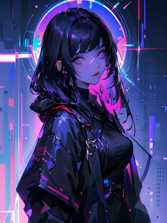 (masterpiece, top quality, best quality, official art, beautiful and aesthetic), female, medium black hair, blue side hair, with bangs, equals eyes, sharp eyes, purple eyes, Extreme Detail, topless, best bust,white hood, Effect