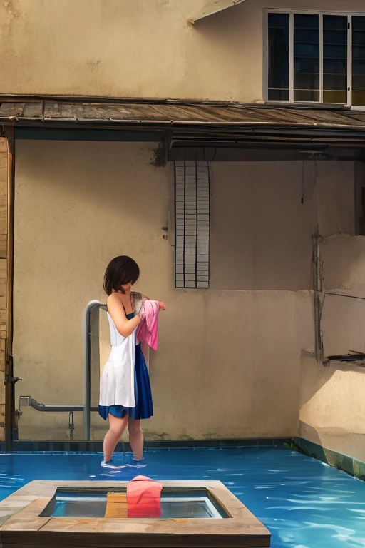 A doing the laundry indoors of her home, smiling, closed eyes, wearing a open shirt bra, wearing a skirt, washing clothes with her hands in the water basin full of clothes