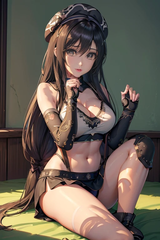 ubel,dark green hair,long hair,side ponytail,hair between eyes,bangs, (beret, black jacket, open clothes, cleavage, midriff, (Make the subject look three-dimensional with the contrast of light and shadow),Cute and beautiful 22yo girl,(masterpiece:1.2), best quality, high resolution, unity 8k wallpaper, (illustration:0.8), (beautiful detailed eyes:1.6), extremely detailed face, perfect lighting, extremely detailed CG, (perfect hands, perfect anatomy),(brown eyes: 1.1),Brown hair,watching at viewers,black suspenders,(Bulging ,big breasts:1.1),tacticul jacet,Black miniskirt,garters,Gaze,Small face,bangss,holster,Belt Armament,Beautuful Women srestrained,hands up,sitting Lying in bed,Leg holster ,Gaze,black boots,panty shot, extremely detailed face, perfect lighting, extremely detailed CG,