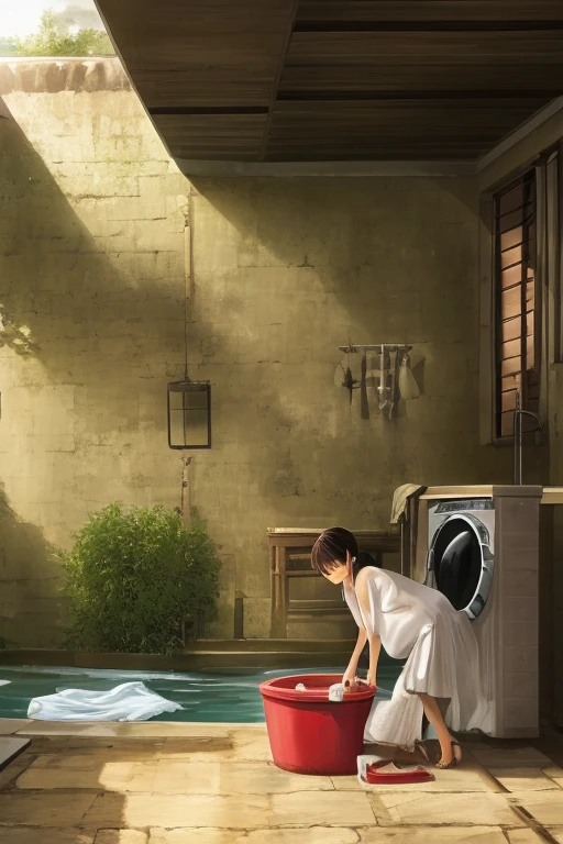 A doing the laundry indoors of her home, smiling, closed eyes, wearing a open shirt nude, wearing a skirt, washing clothes with her hands in the water basin full of clothes
