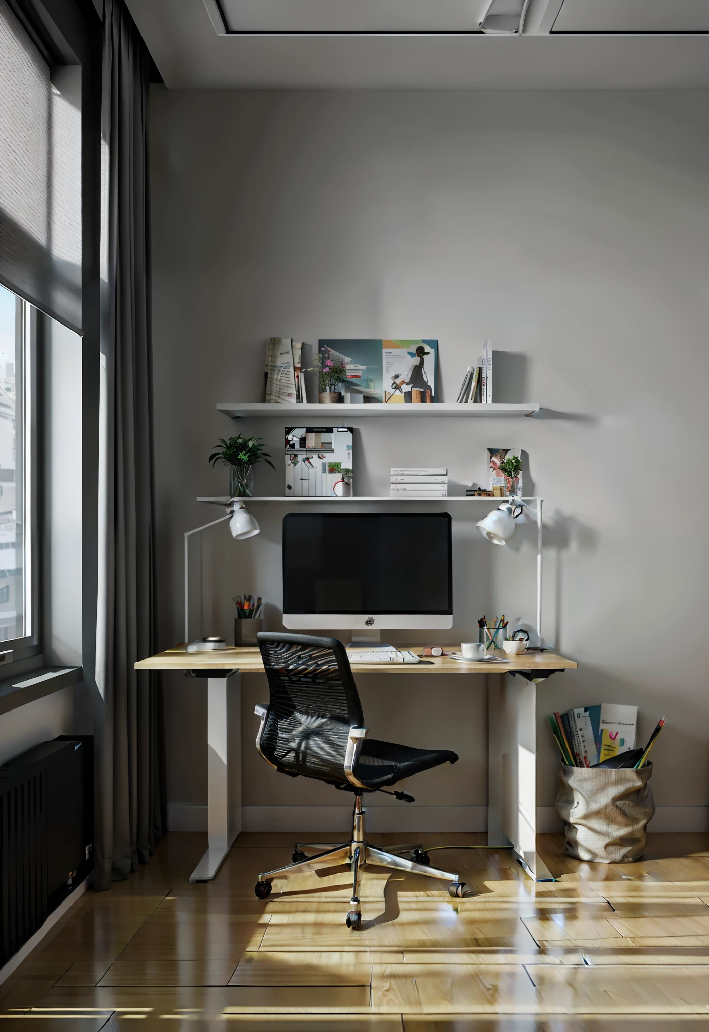 There is a table in the room、A table and a chair, minimalist work from home, work from home, minimalist desk, work from home interior, Neat and tidy, 2d rendering, small room, Very realistic 3D rendering, architectural visualization, presented in corona, detailed architectural visualization render, vray 8k rendering, High quality rendering, small and cosy student bedroom
