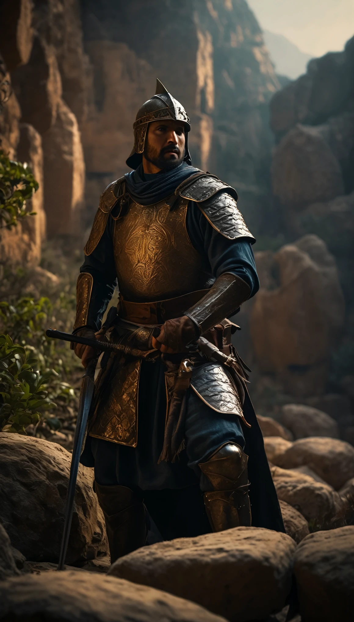 Thousand the Mamluk forces, clad in armor and wielding swords and spears, are strategically positioned among the rocks and bushes, background dark, hyper realistic, ultra detailed hyper realistic, photorealistic, Studio Lighting, reflections, dynamic pose, Cinematic, Color Grading, Photography, Shot on 50mm lens, Ultra-Wide Angle, Depth of Field, hyper-detailed, beautifully color, 8k