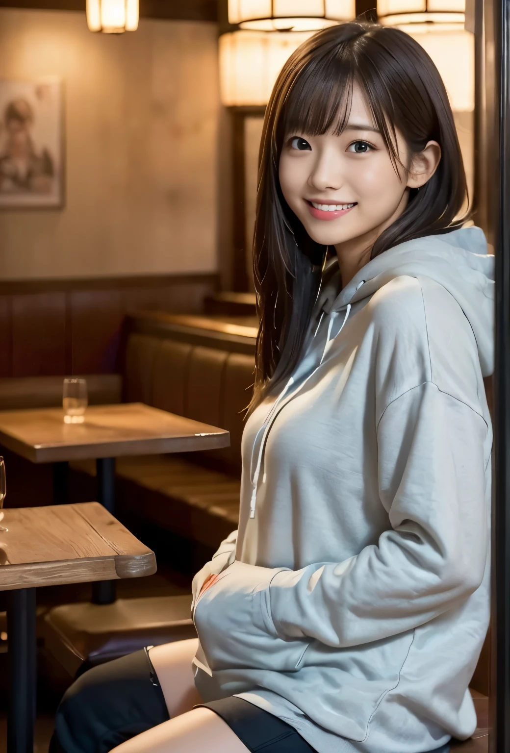 (((restaurant:1.3, indoor,Photographed from the front))), ((long hair:1.3,hoodie,japanese woman,Smile,cute)), (clean, natural makeup), (highest quality, masterpiece:1.3, 超High resolution), (Super detailed, caustics), (realistic:1.4, RAW shooting), very detailed, High resolution, 16K resolution